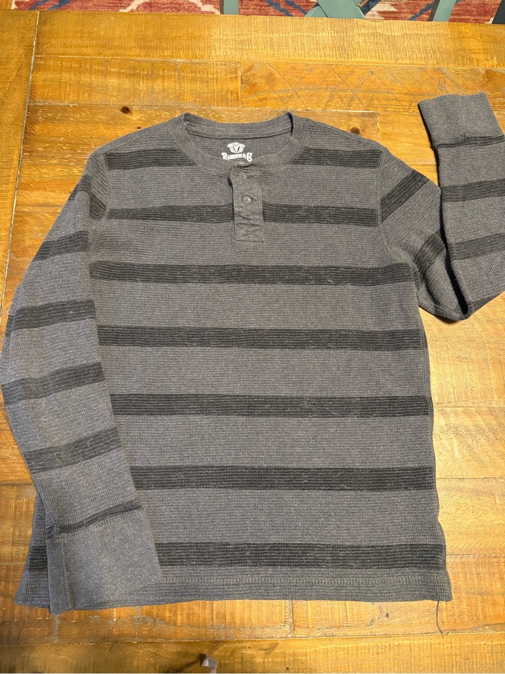 Grey and black Striped Henley Long Sleeve Top | thermal/Waffle Knit Style 100% c